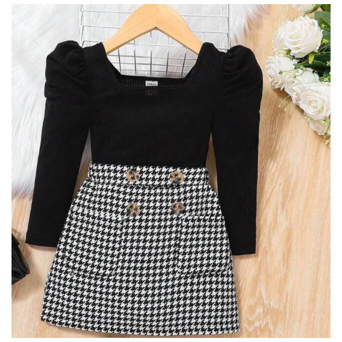 Young Girl Solid Knit Square Collar Gigot Sleeve Top & Plaid Woven Mini Skirt kids cloth