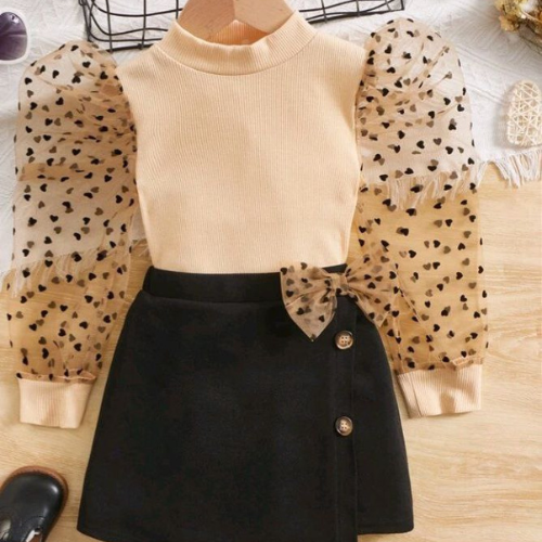 Chic Puff Sleeve kids Skirt set kid's cloth
